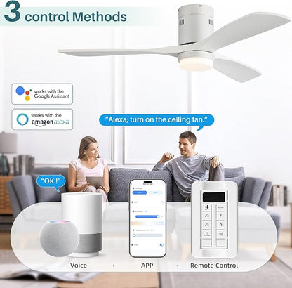 CACI Mall 52” Smart Low Profile Ceiling Fans with Lights Remote, White, 3 Wood Blades, Modern, Compatible with Alexa/Google/App, for Bedroom/Farmhouse/Patio