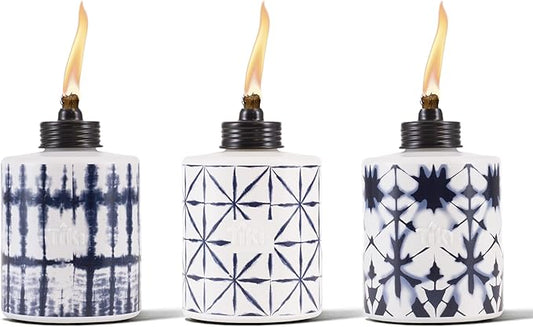 TIKI Glass Tie-Dye Tabletop Torches, 3-Pack – Decorative Outdoor TIKI Torches for Patio, Backyard & Garden – Portable Tabletop Citronella Torches for Outdoor Lighting – Blue, 5.75-Inch