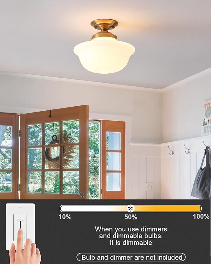 Schoolhouse Light Fixture, 12 Inch Black Finish with Milk Glass Semi Flush Mount Ceiling Light, Ceiling Light Fixture for Kitchen Hallway Entryway