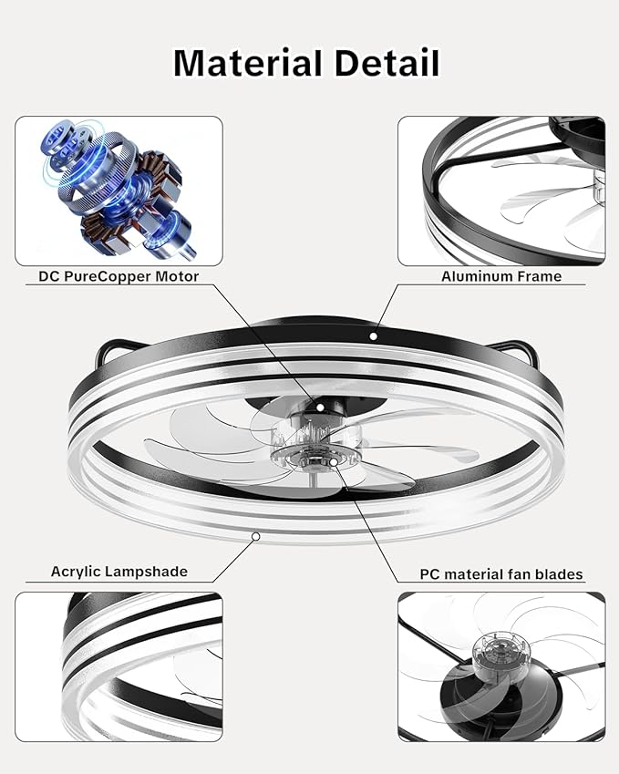 AIKVSXER Ceiling Fan with Light,20" Flush Mount Ceiling Fan,6 Speeds,3000-6500K Dimmable LED, App & Remote Control, Quiet DC Motor, for Bedroom, Living Room Modern Ceiling Fans with Lights(Black)