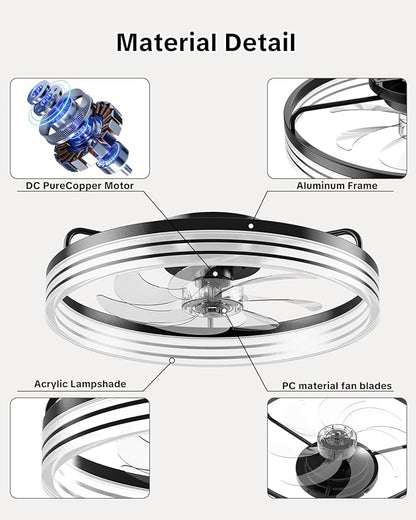 AIKVSXER Ceiling Fan with Light,20" Flush Mount Ceiling Fan,6 Speeds,3000-6500K Dimmable LED, App & Remote Control, Quiet DC Motor, for Bedroom, Living Room Modern Ceiling Fans with Lights(Black)