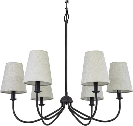 Chandelier, Matte Black with Linen Fabric Shade, 6-Light 28" Modern Farmhouse Linear Pendant Lighting Fixture for Kitchen Island (Black)