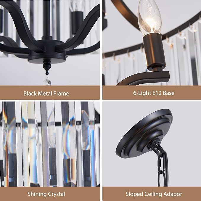 Modern Crystal Chandeliers Round 6-Light Large Black Pendant Lighting Fixture for Dining Room Living Room Kitchen Island Bedroom Hallway Hall Foyer 21.7" Adjustable Height Hanging Lamp
