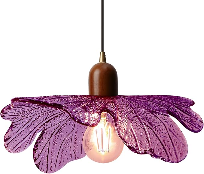 Floral Purple Glass Pendant Light, Mid-Century Modern Wood & Glass Hanging Lamp, Adjustable 59" Cord Flower Ceiling Light Fixture for Bedroom Dining Room Kitchen Island