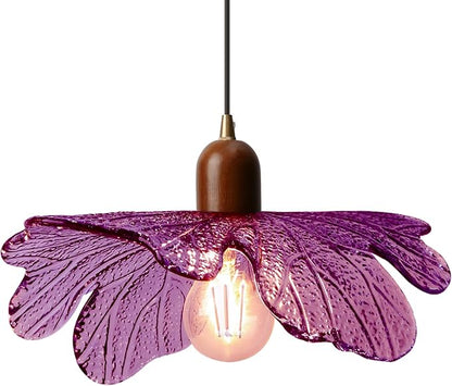 Floral Purple Glass Pendant Light, Mid-Century Modern Wood & Glass Hanging Lamp, Adjustable 59" Cord Flower Ceiling Light Fixture for Bedroom Dining Room Kitchen Island