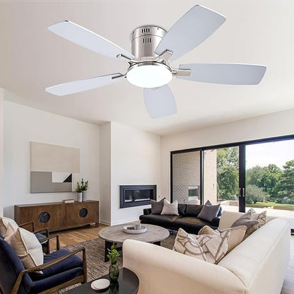 Ayaoty 42 Inch Low Profile Ceiling Fans with Lights and Remote, Flush Mount Modern Ceiling Fan, 3CCT Dimmable DC Ceiling Fan for Bedroom, Living Room, Brushed Nickel