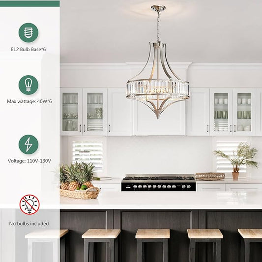 Modern Crystal Chandelier Brushed Nickel, 6-Light Round Pendant Lighting Fixtures, 21.6" Height Adjustable Ceiling Light for Living Room, Kitchen, Dining Room