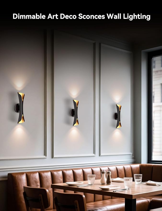 Tubicen Wall Sconces Set of Two Dimmable Mid-Century Modern Black and Gold Sconce Up Down Wall Lights Hardwired Indoor Art Deco Wall Sconces for Living Room Bedroom Movie Theater Hallway 15.7" H