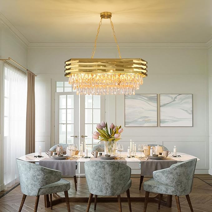 Gold Modern Crystal Chandeliers for Dining Room 8-Light Gold Chandelier Living Room Dining Room Chandelier Oval Ceiling Hanging Light Pendant Light Fixture for Kitchen Island Bar L32 inch