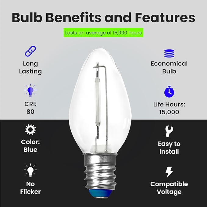 Feit Electric BPC7/B/LEDG2/2/6 7W Equivalent 0.5 Watt Candelabra Base Holiday Party Decorative LED C7 Light Bulb, 2.15" H x 1" D, Blue, 12