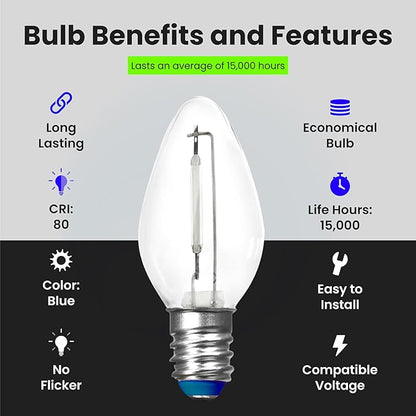 Feit Electric BPC7/B/LEDG2/2/6 7W Equivalent 0.5 Watt Candelabra Base Holiday Party Decorative LED C7 Light Bulb, 2.15" H x 1" D, Blue, 12