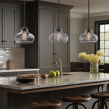 Kira Home Harlow 9" Modern Schoolhouse Pendant Light with Clear Glass Shade, Industrial Farmhouse Brown Hanging Light with Schoolhouse Glass, Oil Rubbed Bronze Finish