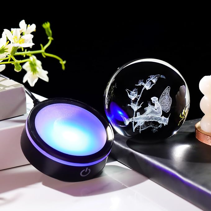YWHL 3D Butterfly Fairy Figurine Crystal Ball with Colorful Light Base, Fairy Gifts for Women Girls on Christmas Birthday, Laser Engraved Elf Full Sphere Glass Decorative Ball for Home Office (80mm)