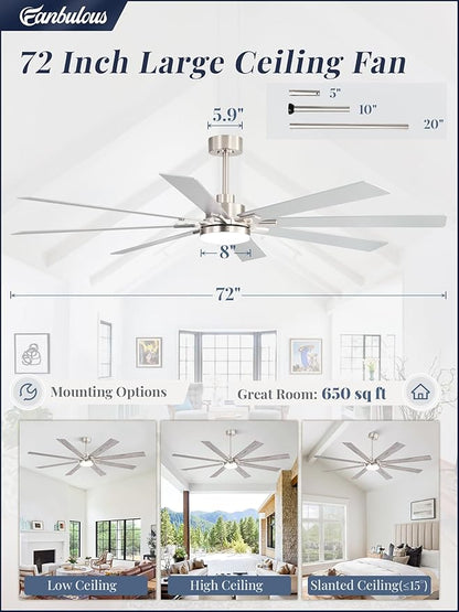 72 Inch Ceiling Fans with Lights and Remote, Dual-Sided Reversible Blades for Versatile Décor, Quiet DC Motor, 120° Wide-Angle Customized Brightness & 3CCT, Damp Rated for Indoor/Outdoor Use