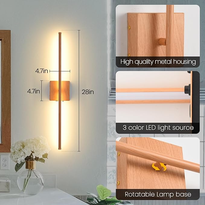 LED Battery Operated Wall Sconces, 11000mAh Faux Wood Texture Finish Wireless Wall Lights with Remote, 350°Rotate Dimmable Wall Lamp 3 Color Temperatures, for Bedroom Living Room Hallway, 2 Pack