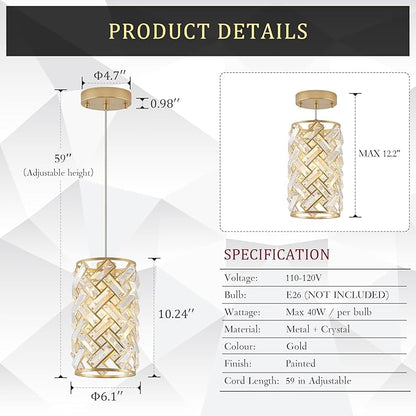 CATINER Modern Crystal Pendant Light Fixture 3-Pack Gold Finish Hanging Lighting Crystal Chandelier for Kitchen Island