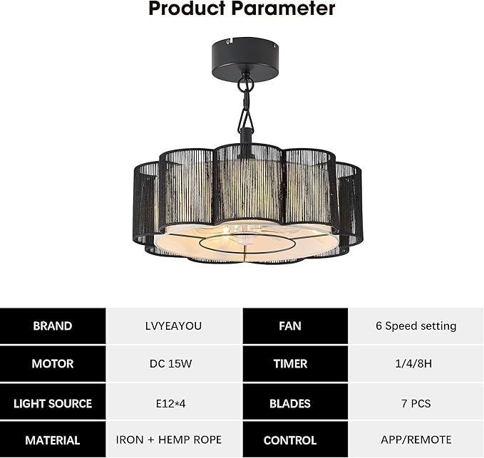 20" Rattan Ceiling Fan, 4-Lights Caged Fandelier Ceiling Fan with Remote and App Control, Drum Lampshade, Boho Chandelier with Fan for Dining Room, Bedroom, Kitchen (Black Farmhouse)