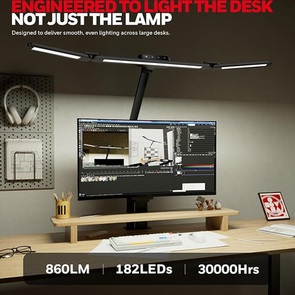 Honeywell Wide Desk Lamp with Clamp for Dual Monitors, 22W Full-Spectrum Eye-Caring LED Desk Lamp for Home Office, 3-Section Adjustable Architect Light for Large Desk, Stepless Dimming, 3000K-5700K