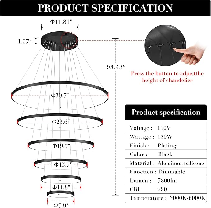 6 Rings Chandelier High Ceiling, Black Modern LED Chandeliers with Remote Control Large Foyer Chandelier Entryway Dimmable Pendant Light Fixture for Living Room Staircase, 3000-6500K