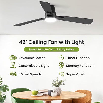 OSTIVE Ceiling Fans with Lights and Remote: 42 Inch Modern Ceiling Fan, Low Profile Flush Mount, Quiet Reversible DC Motor & 3CCT Dimmable LED for Bedroom Living Room Kitchen Indoor Outdoor (Black)