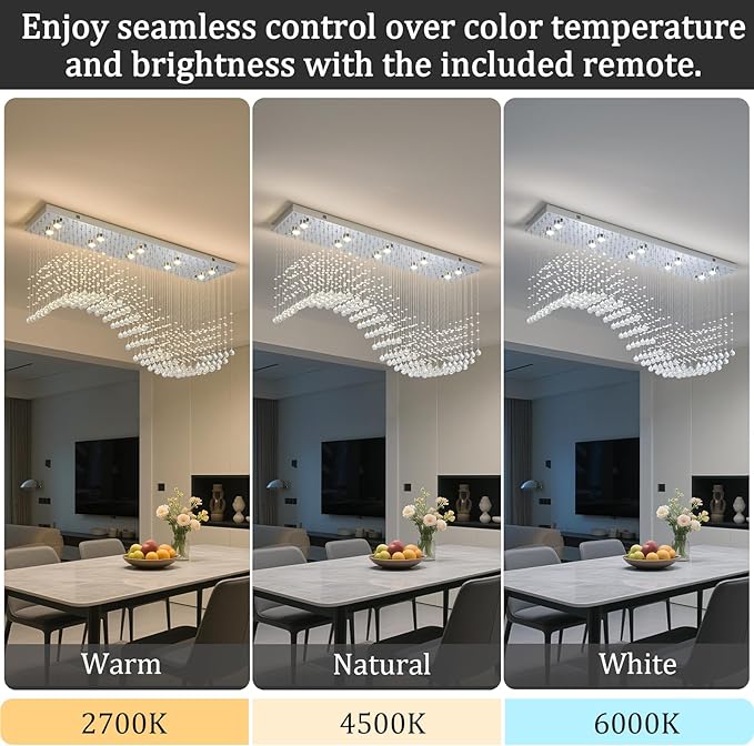 Modern Rectangle Crystal Raindrop Chandelier: 47" Long Chrome Dimmable Led High Ceiling Chandeliers with Remote - Silver Wave Raindrop Flush Mount Ceiling Light Fixture for Dining Living Room Kitchen