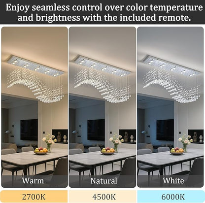 Modern Rectangle Crystal Raindrop Chandelier: 47" Long Chrome Dimmable Led High Ceiling Chandeliers with Remote - Silver Wave Raindrop Flush Mount Ceiling Light Fixture for Dining Living Room Kitchen