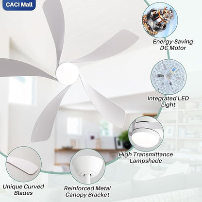 CACI Mall 52 inch Smart Ceiling Fan with Lights, Remote Control, Compatible with Alexa/Google/App, 5 Blades, Dimmable Lighting, Quiet, Indoor/Outdoor Ceiling Fans for Living Room, Bedroom, Patios
