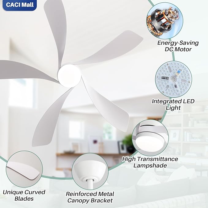 CACI Mall 52 inch White Ceiling Fans with Lights, Remote Control, Low Profile, Modern, Outdoor Ceiling Fan with with 5 Blades, Quiet Reversible DC Motor for Living Room, Bedroom, Patios