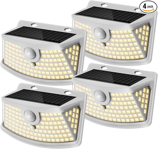 Aootek New Solar Motion Sensor Lights 120 LEDs with Lights Reflector,270° Wide Angle, IP65 Waterproof, Step Lights for Front Door, Yard, Garage, Deck (White, Warm White, 4-Pack)