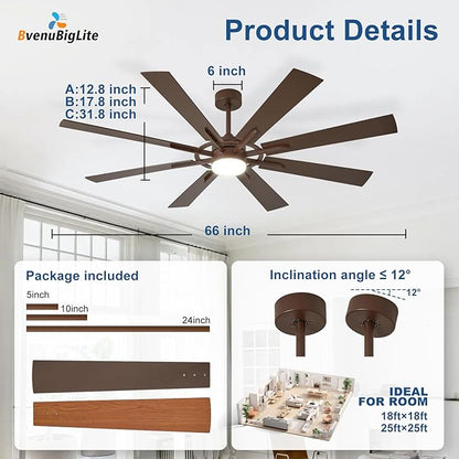 Large Ceiling Fans with Lights: Modern 66 Inch 8 Blade Outdoor Ceiling Fan with Remote APP Control - Dimmable Big Fan light Indoor Reversible 6 Speed Quiet DC Motor