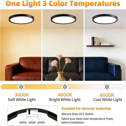 7 Inch 2Pack Super Slim Flush Mount Ceiling Light Fixture,18W 1400LM Dimmable 3CCT Selectable 3000K-6000K Round Light Fixture for Living/Bedroom,Kitchen/Bathroom,Porch &All Indoor Spaces Black