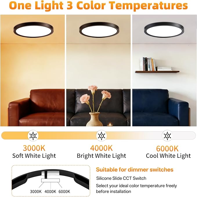 7 Inch 4Pack Super Slim Flush Mount Ceiling Light Fixture,18W 1400LM Dimmable 3CCT Selectable 3000K-6000K Round Light Fixture for Living/Bedroom,Kitchen/Bathroom,Porch &All Indoor Spaces Black