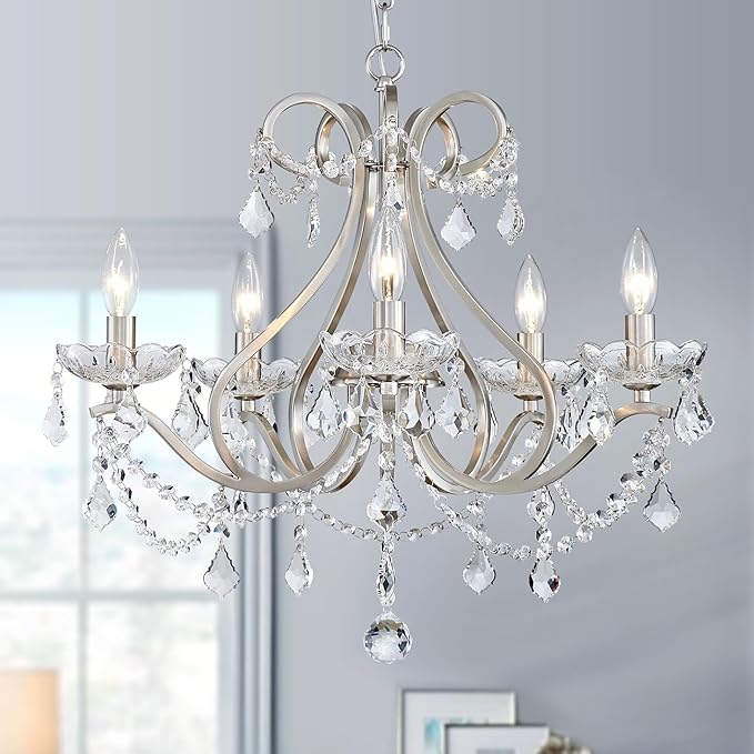 WUZUPS Crystal 5-Light Candle Chandelier Pendant Flushmount Ceiling Light Modern Lighting Fixture for Bedroom Hallway Bar Kitchen Bathroom, H 20.9" x W 21.7", Brushed Nickel, E12 Base