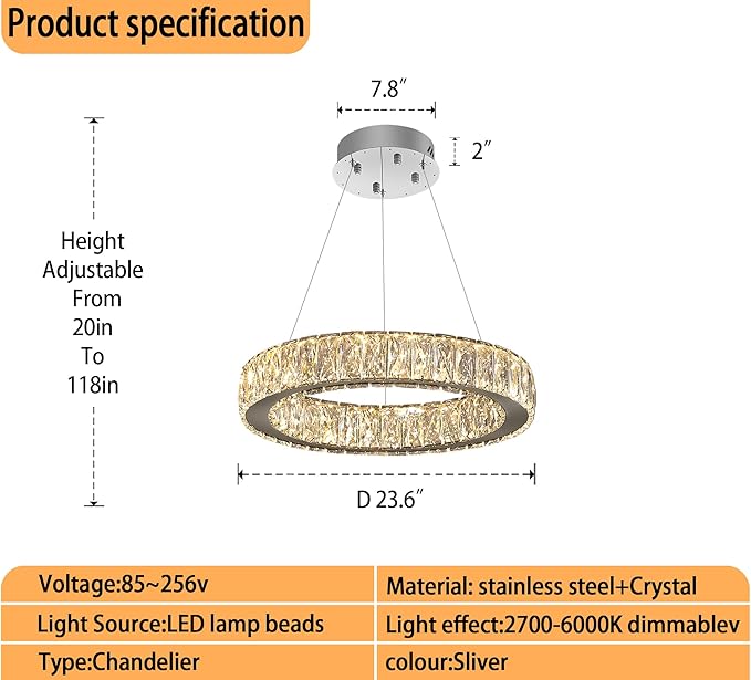 Modern LED 23.6" Ring Chandelier for Dining Room Living Room Dimmable Crystal Pendant Light Adjustable Round Chrome Crystal Chandelier