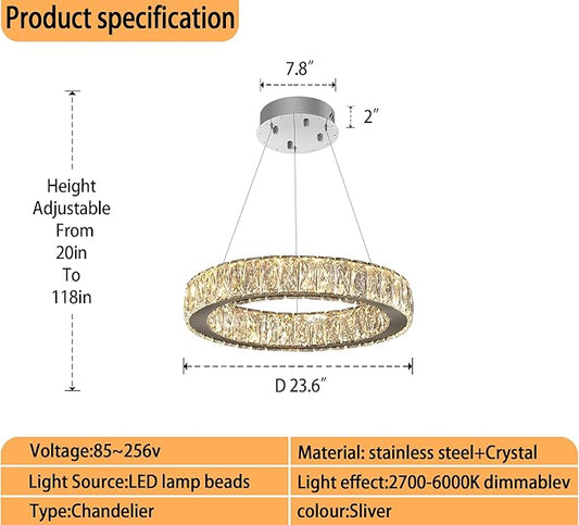 Modern LED 23.6" Ring Chandelier for Dining Room Living Room Dimmable Crystal Pendant Light Adjustable Round Chrome Crystal Chandelier
