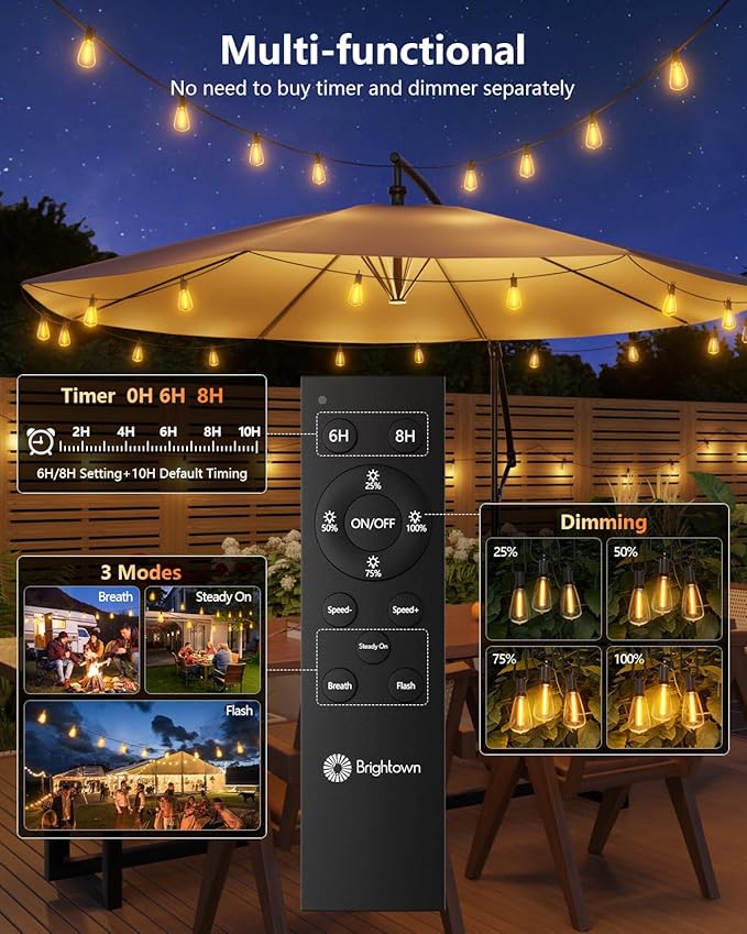 Brightown 38FT Solar String Lights Outdoor Waterproof with Remote, 15+1 LED Shatterproof Bulbs, Dimmable & Timable, 3 Light Modes - Commercial Grade Patio Lights for Garden Backyard Party Decor