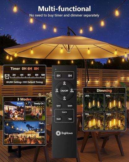 Brightown 38FT Solar String Lights Outdoor Waterproof with Remote, 15+1 LED Shatterproof Bulbs, Dimmable & Timable, 3 Light Modes - Commercial Grade Patio Lights for Garden Backyard Party Decor