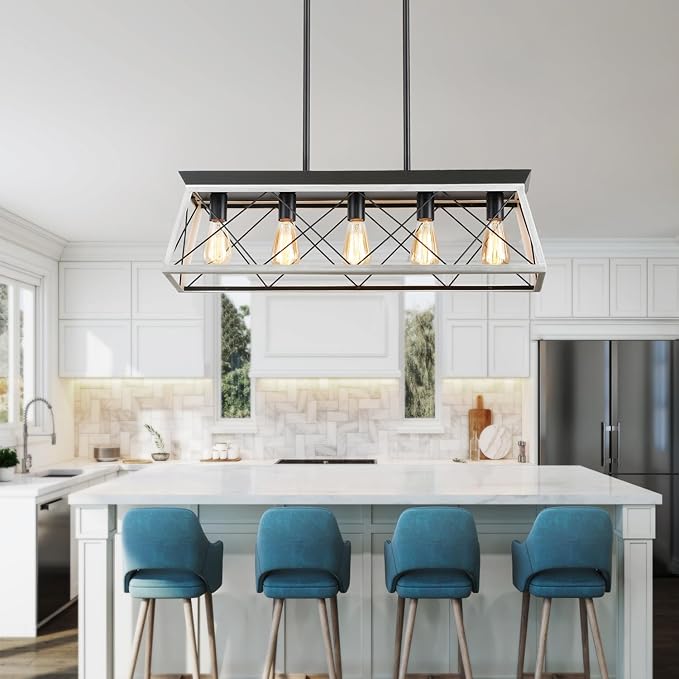 5-Light Farmhouse Chandeliers for Dining Room, Rustic Kitchen Island Lighting, Adjustable Height Pendant Light for Kitchen, Dining Room Table White