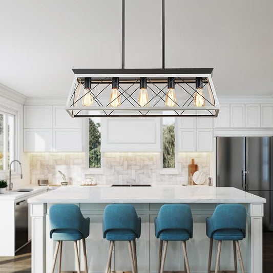 5-Light Farmhouse Chandeliers for Dining Room, Rustic Kitchen Island Lighting, Adjustable Height Pendant Light for Kitchen, Dining Room Table White
