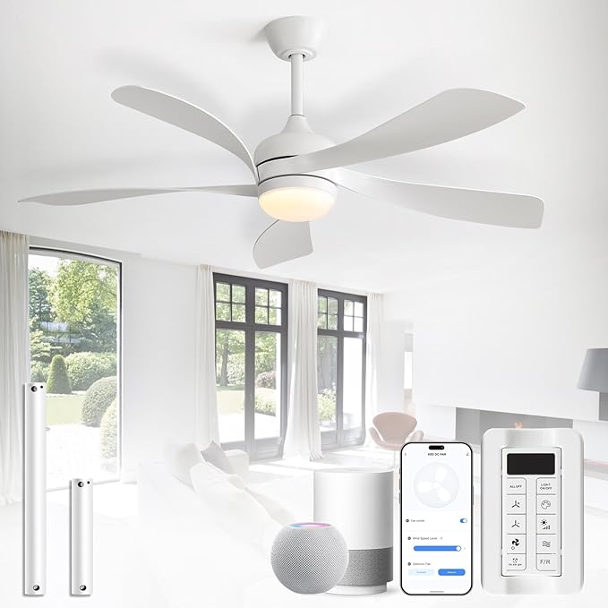 CACI Mall 52 inch Smart Ceiling Fan with Lights, Remote Control, Compatible with Alexa/Google/App, 5 Blades, Dimmable Lighting, Quiet, Indoor/Outdoor Ceiling Fans for Living Room, Bedroom, Patios