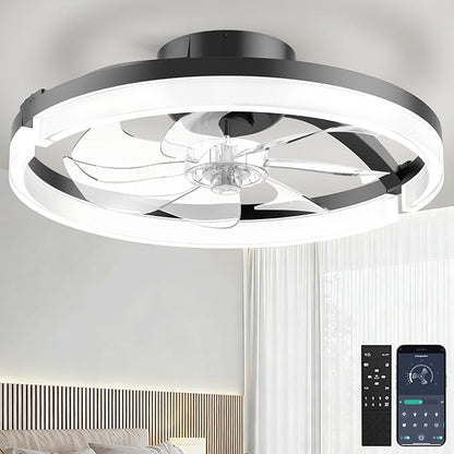 Ceiling Fans with Lights and Remote Low Profile Flush Mount LED Ceiling Fan with Lights 3000K-6500K Dimmable Foldable Fandelier Light 6 Wind Speeds Night Light for Bedroom Living Room Black