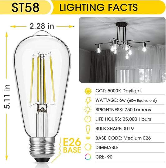 Gozelux LED Edison Bulbs 6W, Equivalent 60W, High Brightness Daylight White 5000K, 750 Lumens, ST58 Vintage LED Filament Bulbs with 90+ CRI, E26 Base, Dimmable, Clear Glass, Pack of 8