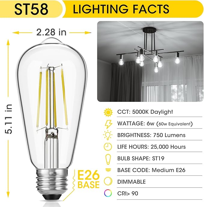 Gozelux LED Edison Bulbs, 60W Equivalent ST19, Efficient 6W LED, E26 Medium Base Light Bulbs, High Brightness 750 Lumens, 5000K Daylight, Clear, Pack of 4