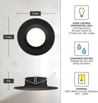 Designers Fountain LED Recessed Ceiling Lights 6 Pack, 5/6 Inch 5CCT Metal Light Fixture Set, Dimmable, 1050 Lumens, 2700K/3000K/3500K/4000K/5000K, Black Trim, RB6BK9105C6