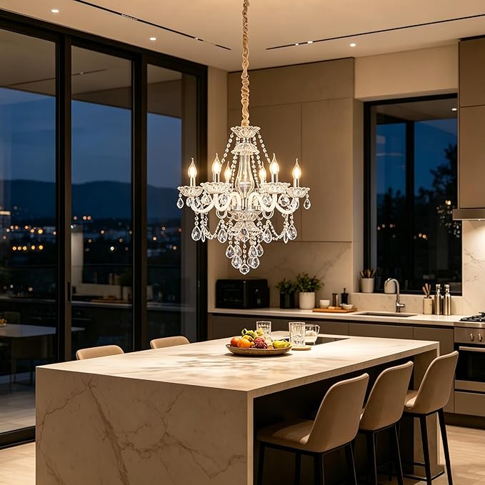 Modern Clear Crystal Chandelier 6-Light for Dinning Room K9 Crystal Ceiling Chandelier Lighting Fixtures for Living Room Bedroom Kitchen Easy Install (Clear 6 Lights)