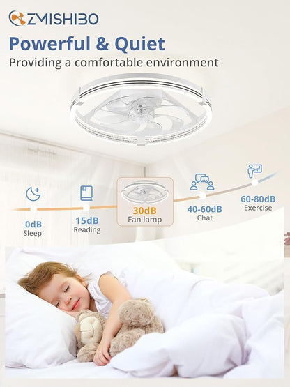 ZMISHIBO Low Profile Ceiling Fans with Lights, Flush Mount Modern Ceiling Fan and Remote Control, 20" LED Ceiling Fans, Stepless Dimmable 3 Colors and 6 Speeds