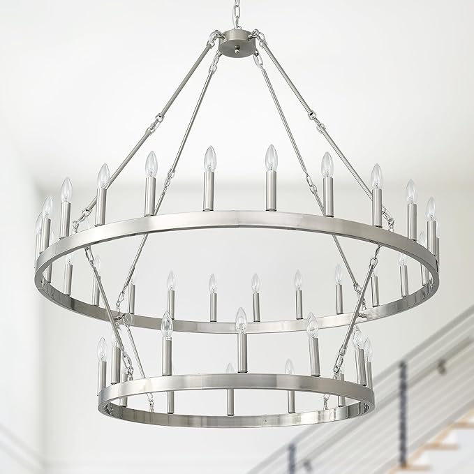HHR 2 Tier Wagon Wheel Chandelier 36-Light 48 Inch, Extra Large Nickel Round Rustic Candle Farmhouse Pendant Light Fixture for High Ceilings, Dining Room Living Room Office E12