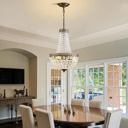 4 Lights French Empire Mini Crystal Chandelier Farmhouse Pendant Lighting,Antique Brass Finish Ceiling Light Fixture for Dining Room Bedroom Foyer Living Room, W12.6 x H19.7