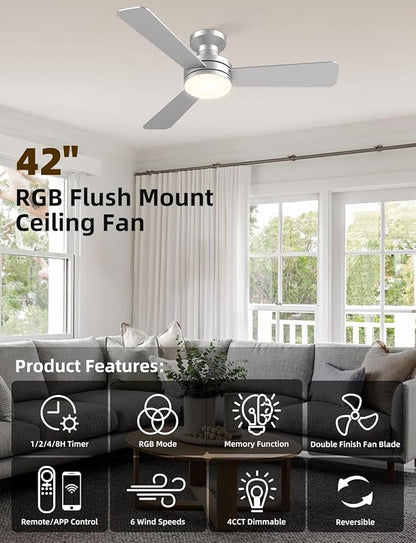 42" RGB Ceiling Fan with Light, Music Sync Smart Fan with Alexa/Google/App Control, Low Profile Flush Mount, 6-Speed Quiet DC Motor, 4 CCT Dimmable Lighting for Bedroom Living Room, Silver