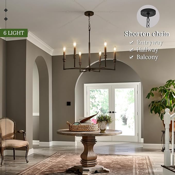 Black Chandelier Light Fixture 6-Light Chandelier for Dining Room Kitchen Chandeliers Over Table Candle Chandeliers for Kitchen Island, Bedroom, Foyer, 26in